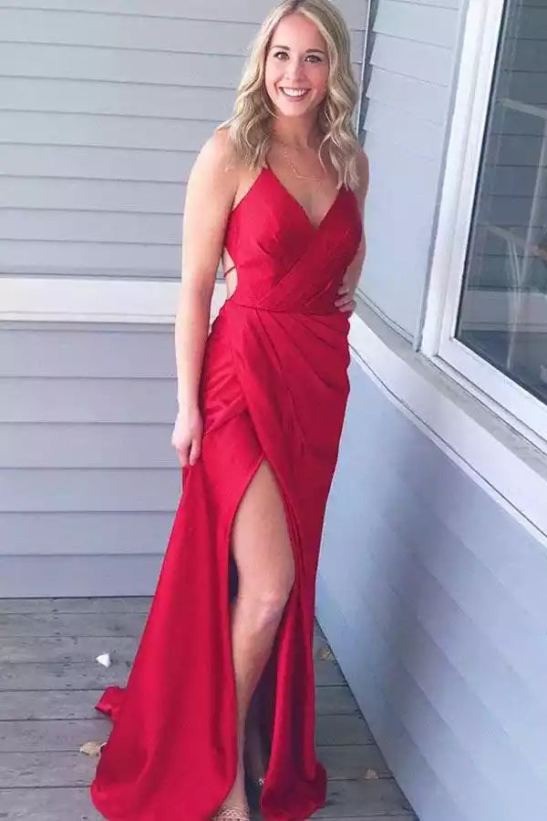 Bold Red Satin Mermaid Gown with Plunge V-Neck & Open Back