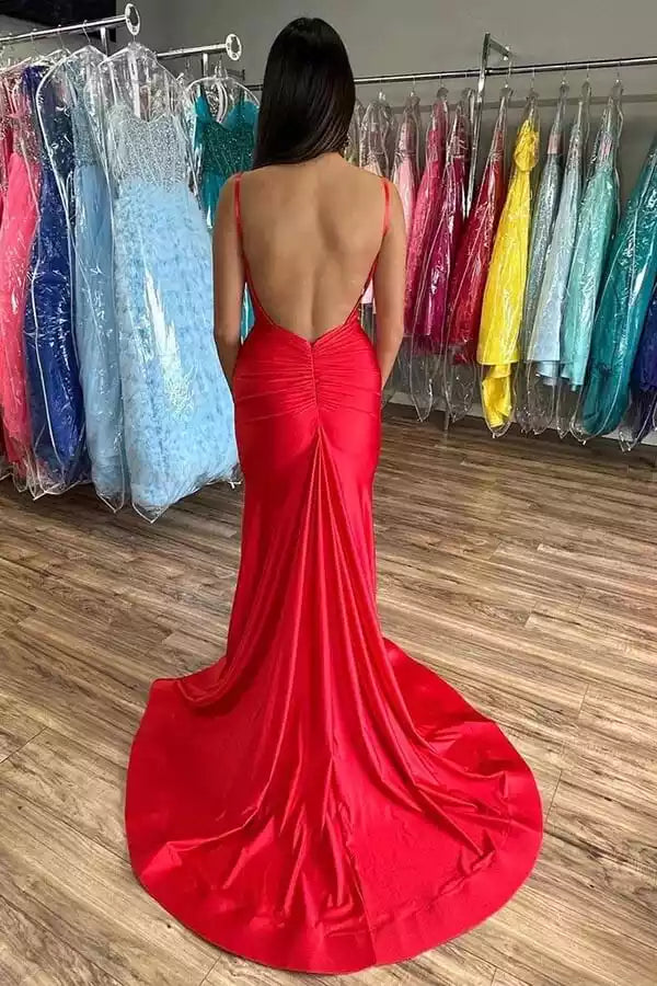 Bold Red Satin Mermaid Gown with Plunge V-Neck & Open Back