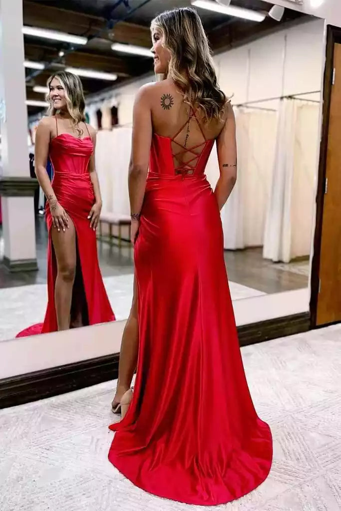 Bold Red Satin Mermaid Prom Gown with Cowl Neck & Lace-Up Back