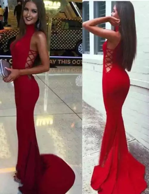 Bold Red Stretch Satin Mermaid Gown with Halter Neck & Lace-Up Side