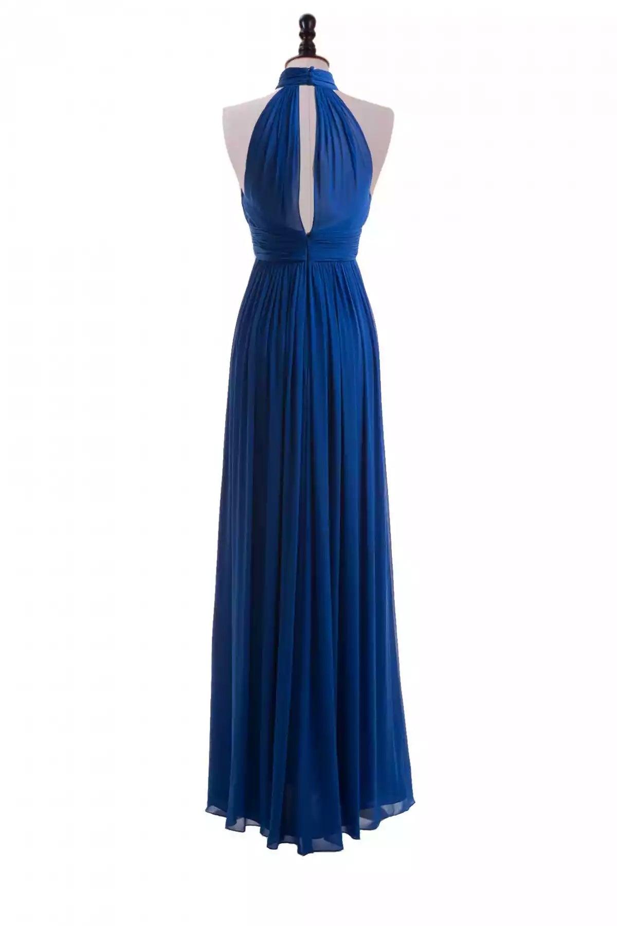Bold Royal Blue Chiffon Halter A-Line Gown with Ruched Bodice & Keyhole Back