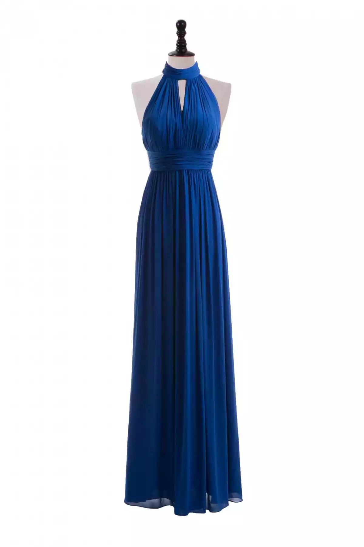 Bold Royal Blue Chiffon Halter A-Line Gown with Ruched Bodice & Keyhole Back