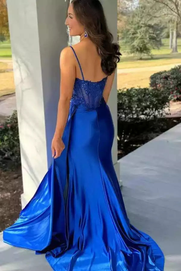 Bold Royal Blue Satin Mermaid Prom Gown with Lace Corset Bodice & High Slit
