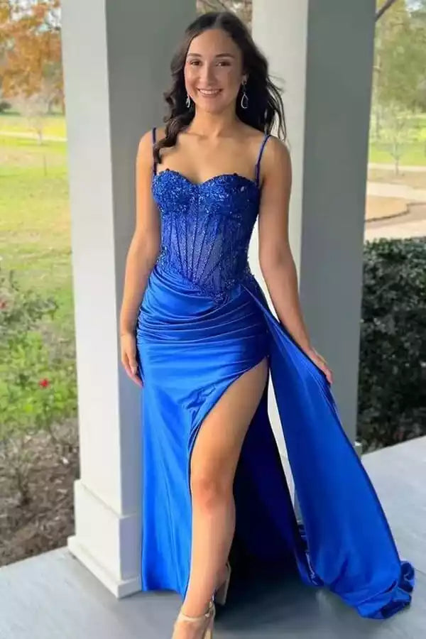 Bold Royal Blue Satin Mermaid Prom Gown with Lace Corset Bodice & High Slit