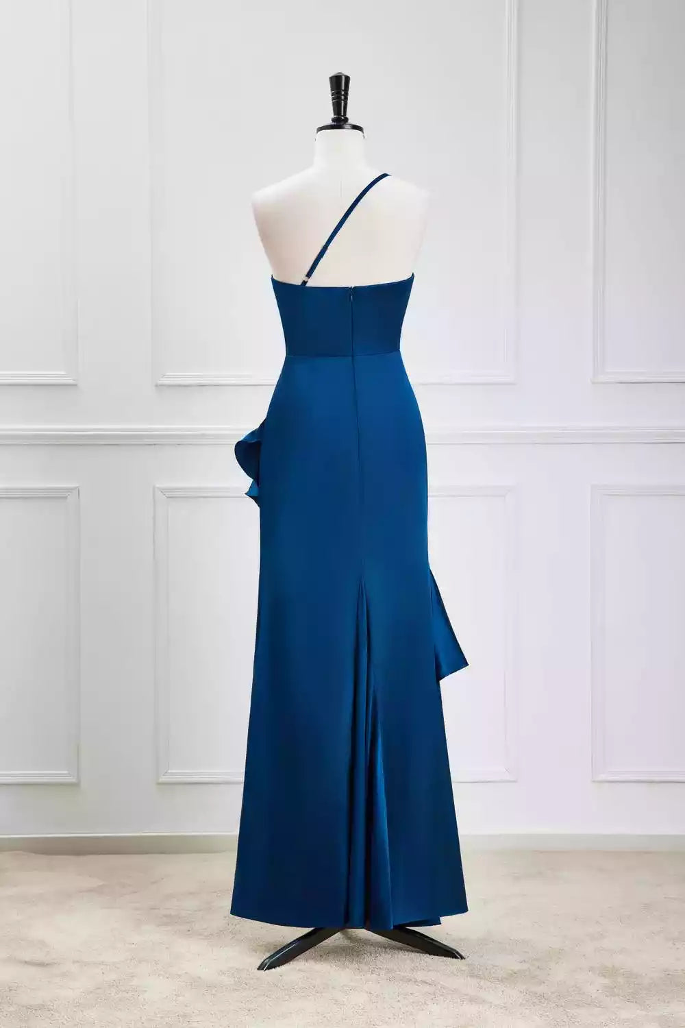 Bold Royal Blue Satin One-Shoulder Mermaid Gown with Ruffle Detail & High Slit