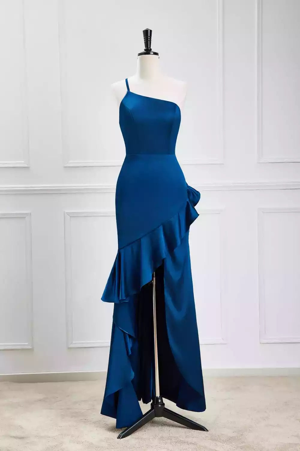 Bold Royal Blue Satin One-Shoulder Mermaid Gown with Ruffle Detail & High Slit
