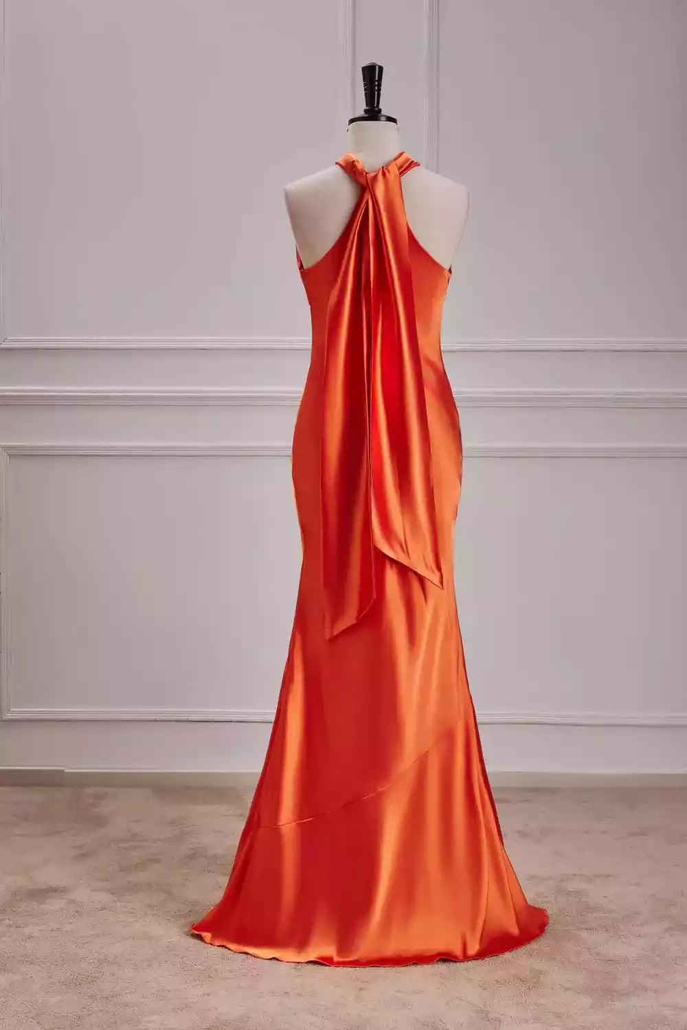 Bold Tangerine Satin Halter Mermaid Gown with Drape Back