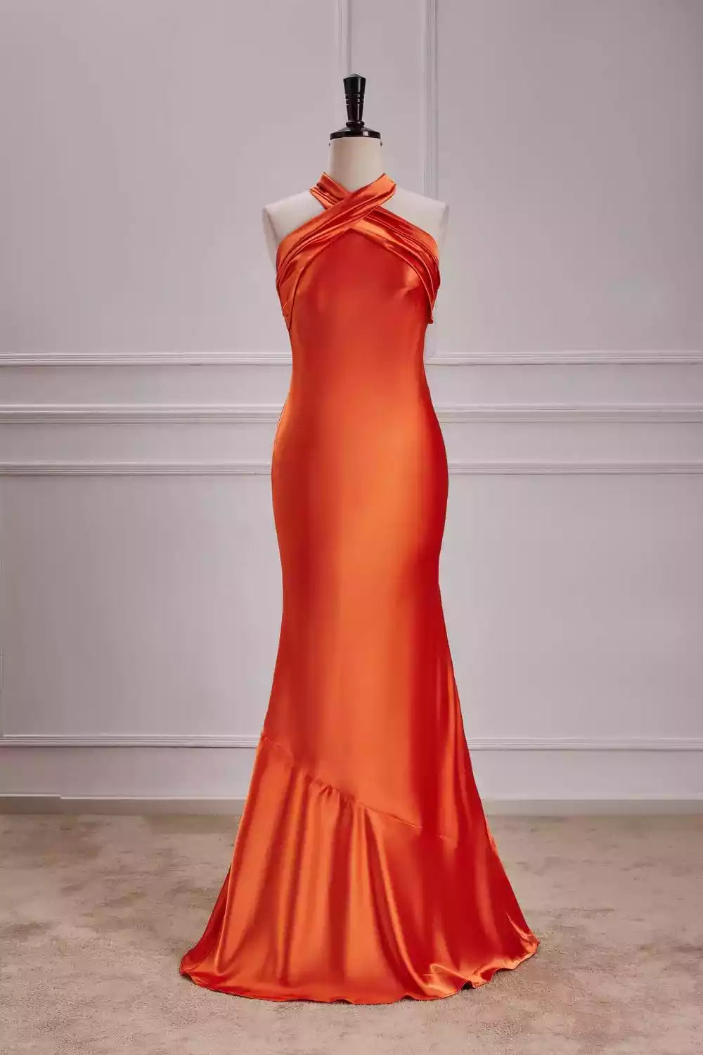 Bold Tangerine Satin Halter Mermaid Gown with Drape Back