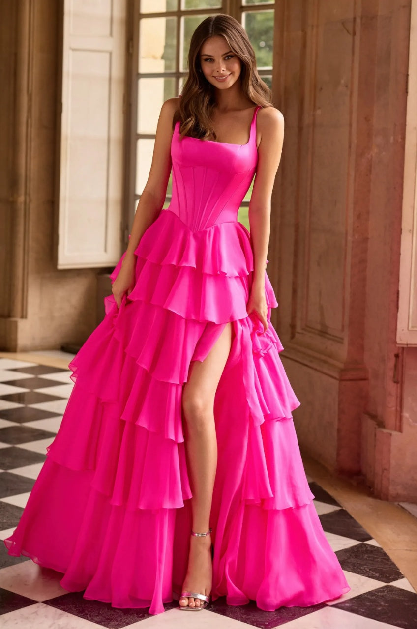 Bold Tiered Ball Gown Square Neck Corset Lace-Up Back Slit Floor Length Evening Dress