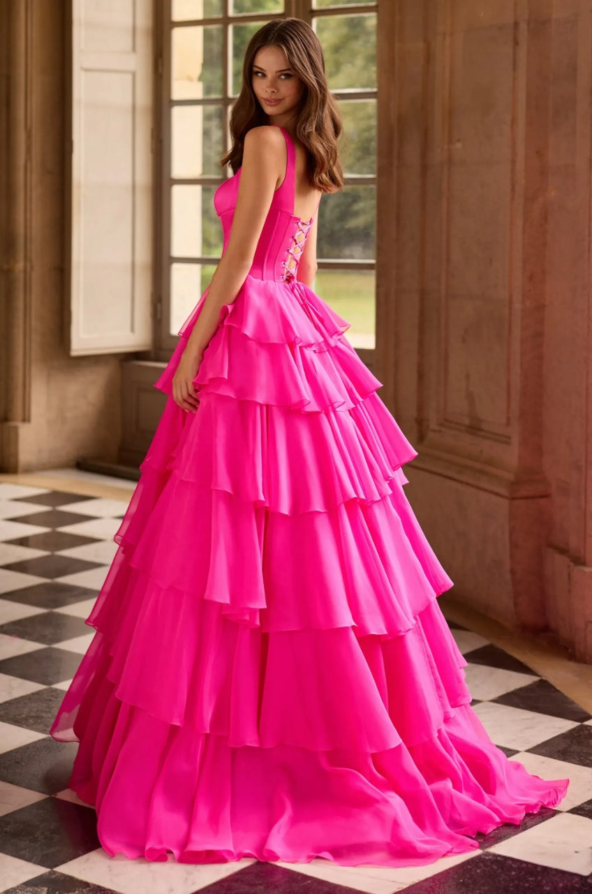 Bold Tiered Ball Gown Square Neck Corset Lace-Up Back Slit Floor Length Evening Dress