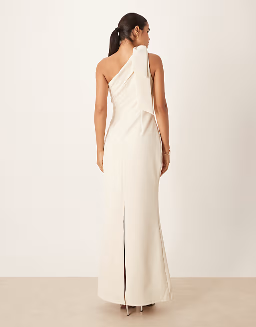 Bow Accent Mermaid One Shoulder Sleeveless Low Back Floor Length Bridesmaid Dress with Back Slit