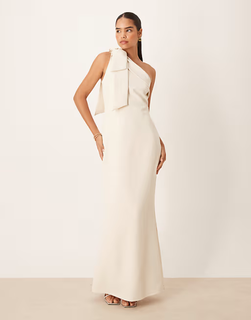 Bow Accent Mermaid One Shoulder Sleeveless Low Back Floor Length Bridesmaid Dress with Back Slit