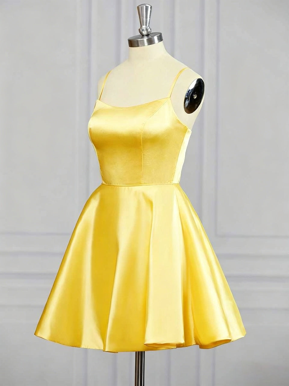 Bright Gloss Satin Adjustable Spaghetti Strap Straight Neck Flared A-Line Mini Homecoming Dresses