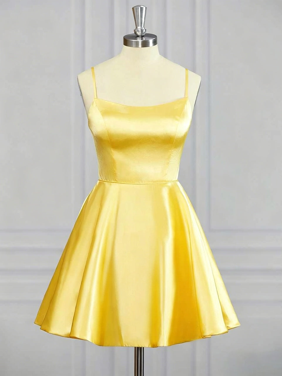 Bright Gloss Satin Adjustable Spaghetti Strap Straight Neck Flared A-Line Mini Homecoming Dresses