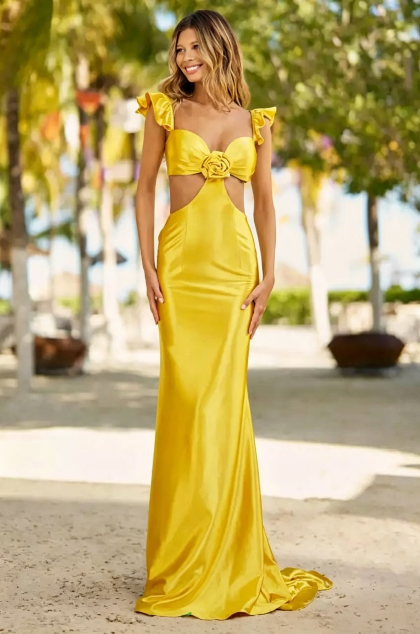 Bright Yellow Satin Mermaid Ruffle Sleeve Sweetheart Cutout Floor Length Evening Dresses