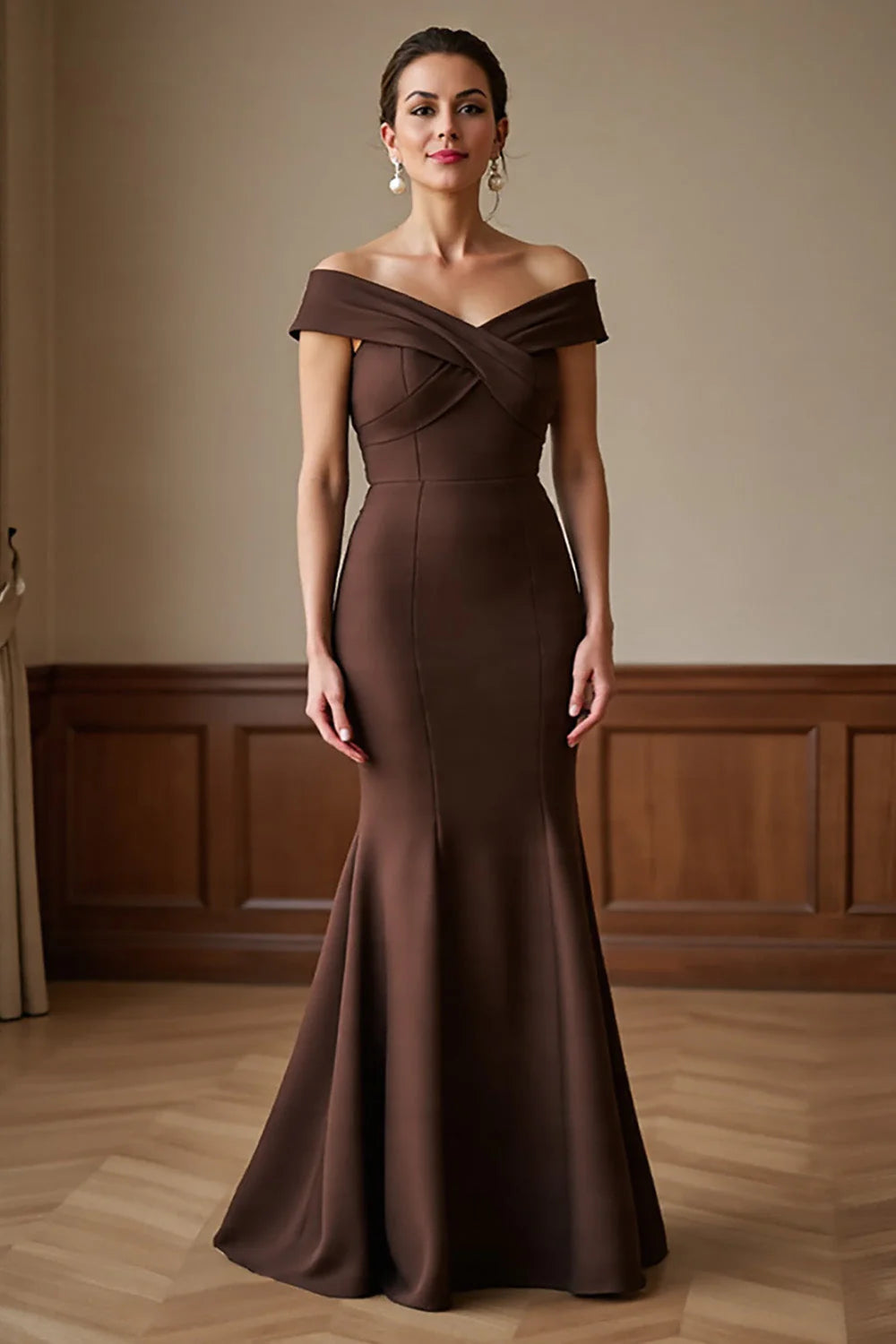 Brown Satin Off the Shoulder Long Mermaid Mother of the Bride Dress