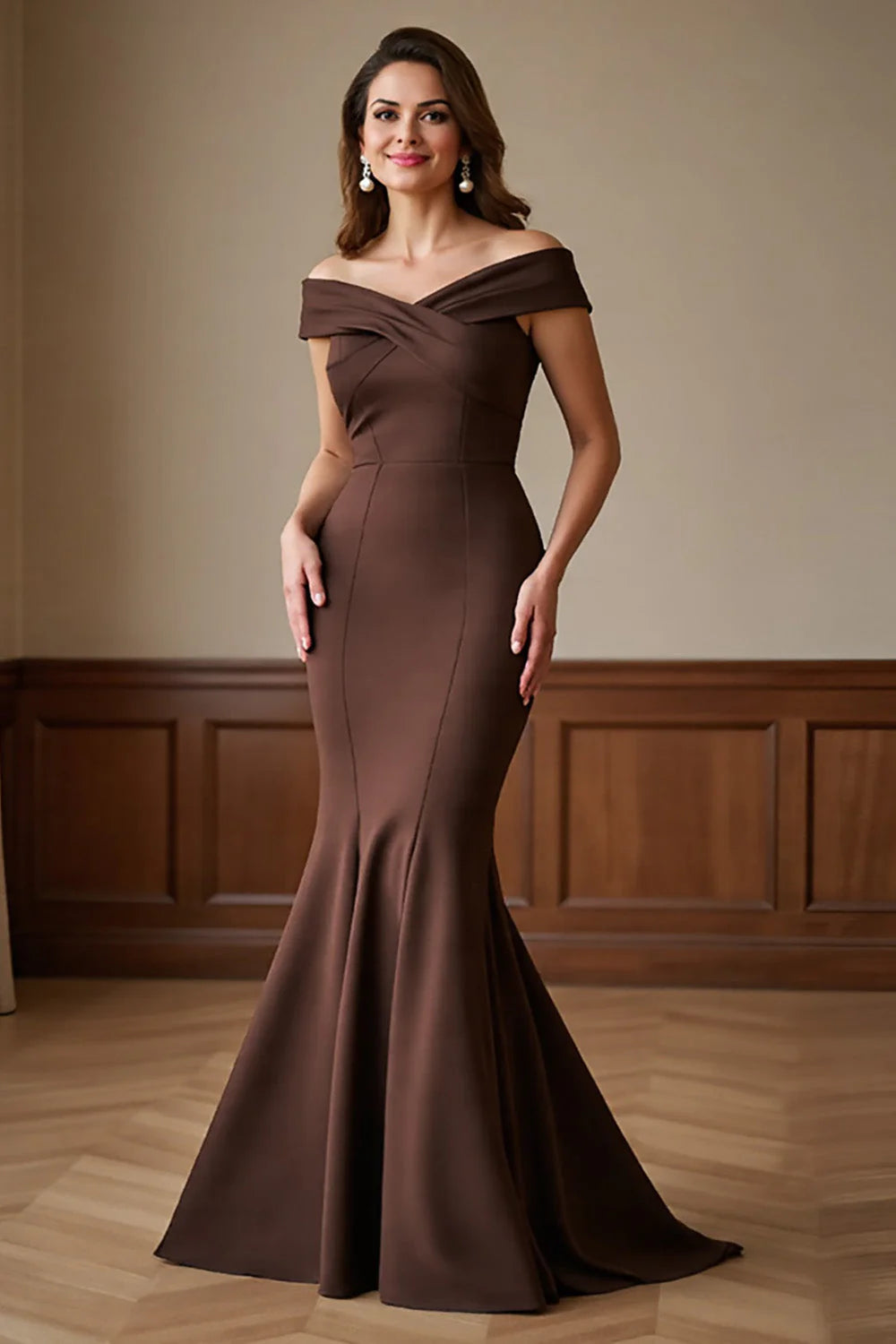 Brown Satin Off the Shoulder Long Mermaid Mother of the Bride Dress