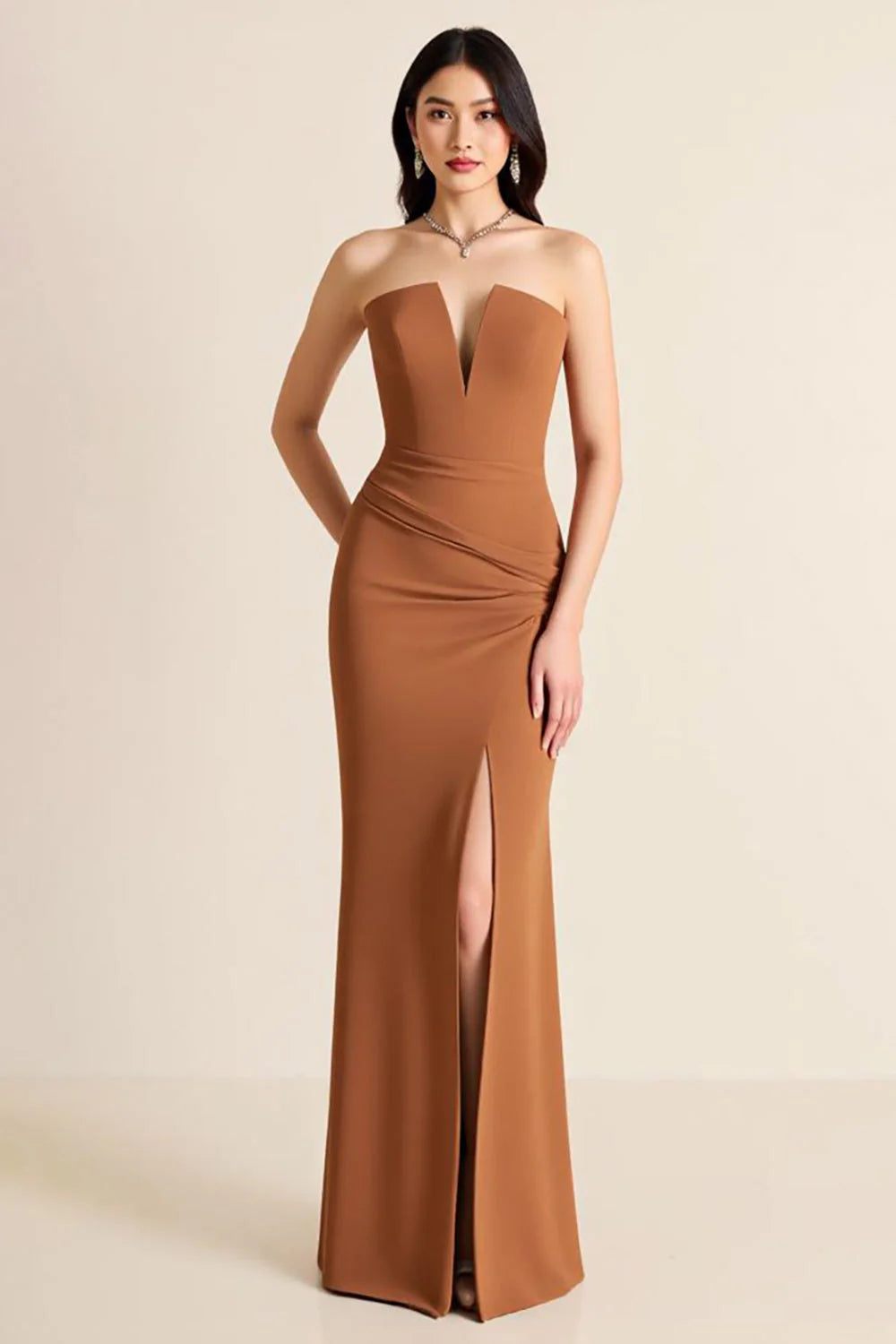 Brown Sheath Strapless Long Formal Dress with Slit
