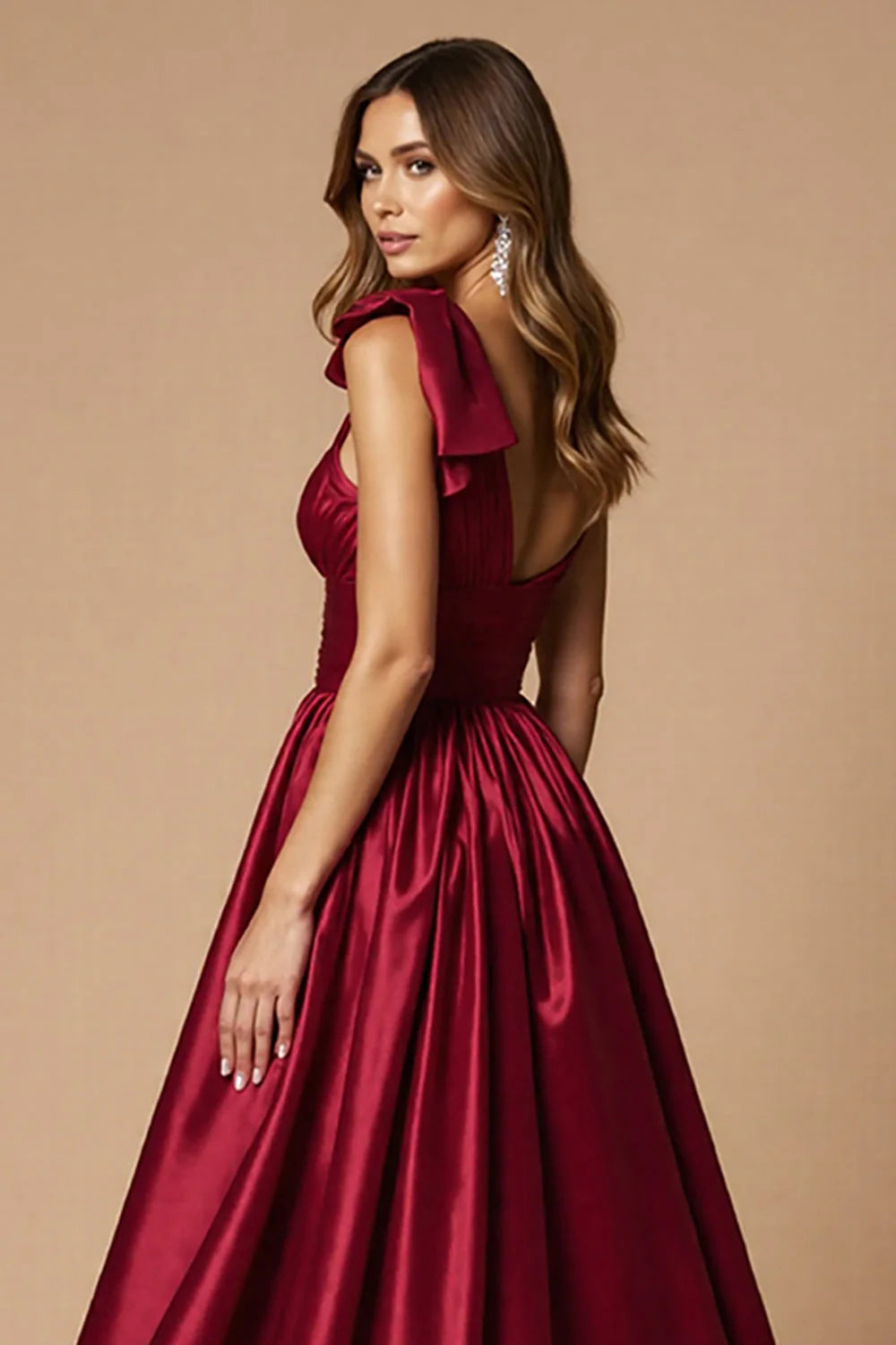 Burgundy A Line One Shoulder Long Satin Prom Dress with Slit
