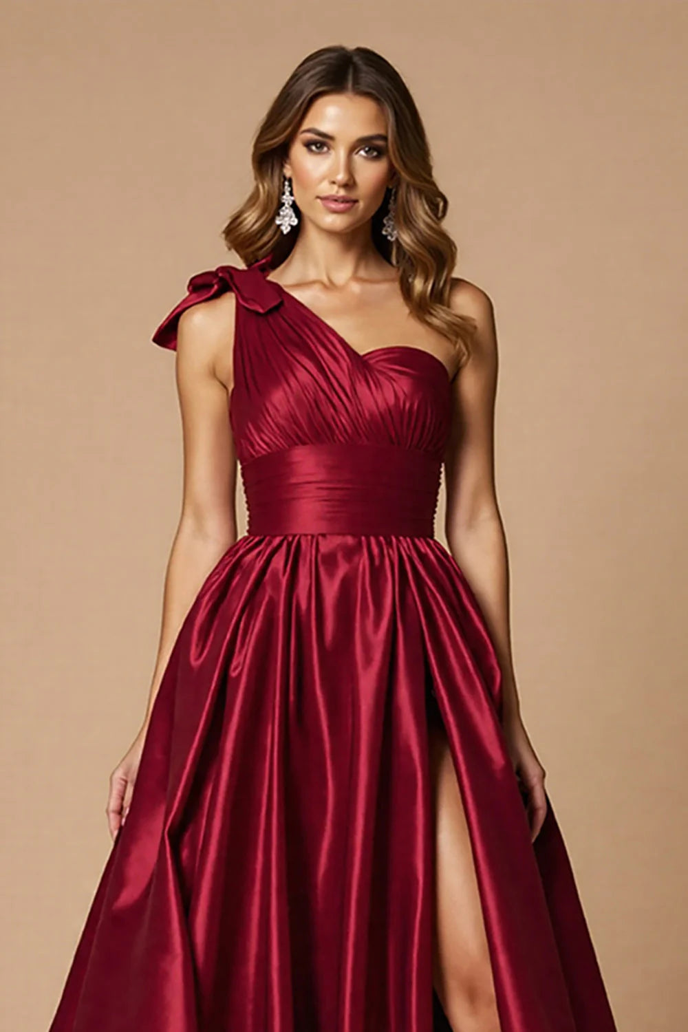 Burgundy A Line One Shoulder Long Satin Prom Dress with Slit