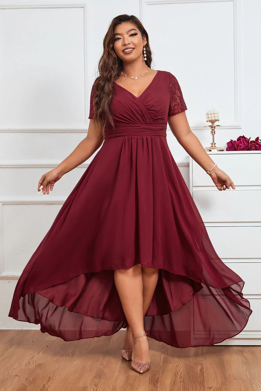 Burgundy A Line V Neck Asymmetrical Plus Size Evening Dress