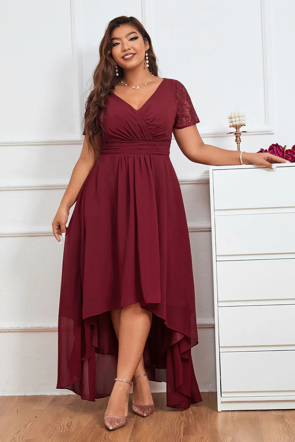 Burgundy A Line V Neck Asymmetrical Plus Size Evening Dress