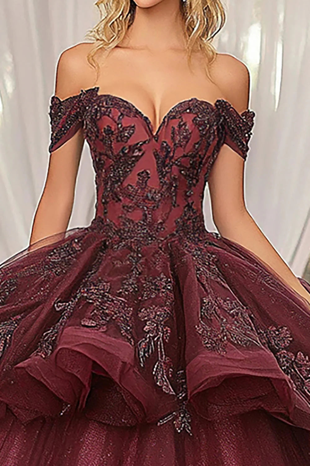 Burgundy Ball Gown Cold Shoulder Appliqued Quinceanera Dress With 3/4 Sleeves