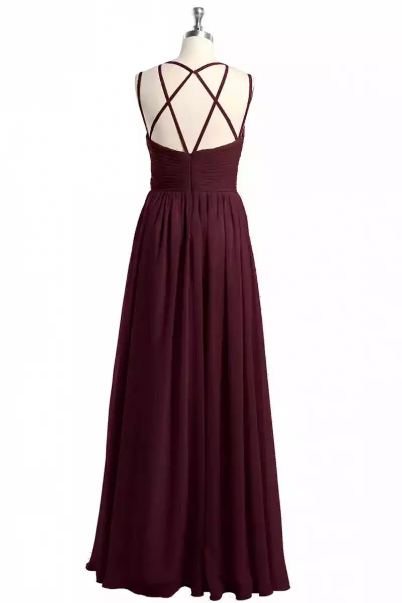 Burgundy Chiffon A-Line Gown with V-Neck & Criss-Cross Back