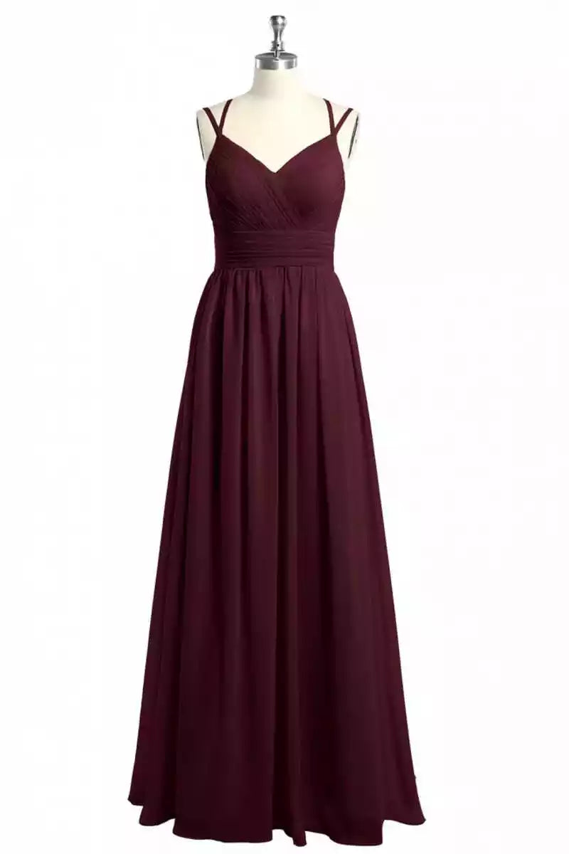 Burgundy Chiffon A-Line Gown with V-Neck & Criss-Cross Back