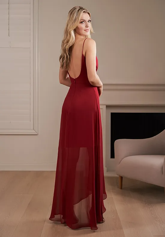 Burgundy Chiffon Thin Spaghetti Strap Deep V Low Back Asymmetrical Ruffle Maxi Bridesmaid Dresses
