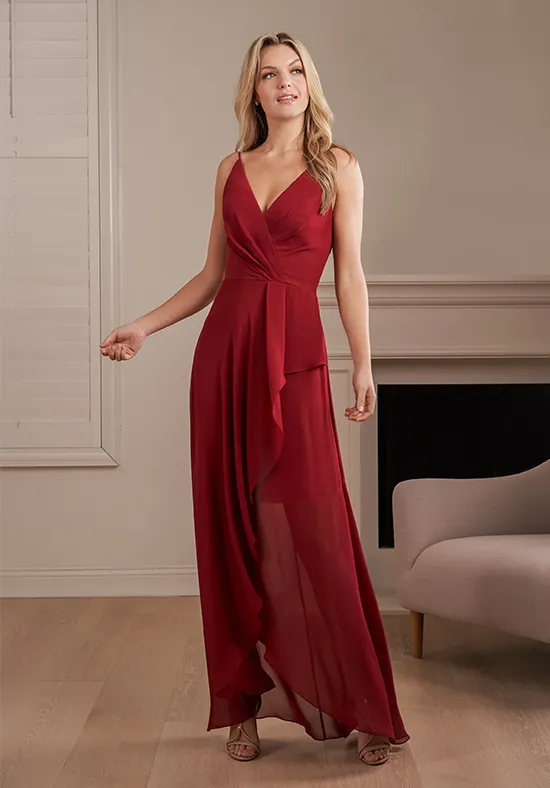 Burgundy Chiffon Thin Spaghetti Strap Deep V Low Back Asymmetrical Ruffle Maxi Bridesmaid Dresses