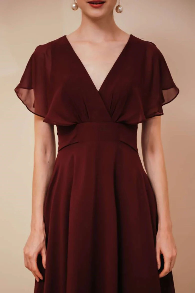 Burgundy Chiffon V-Neck Dress with Ruffled Sleeve