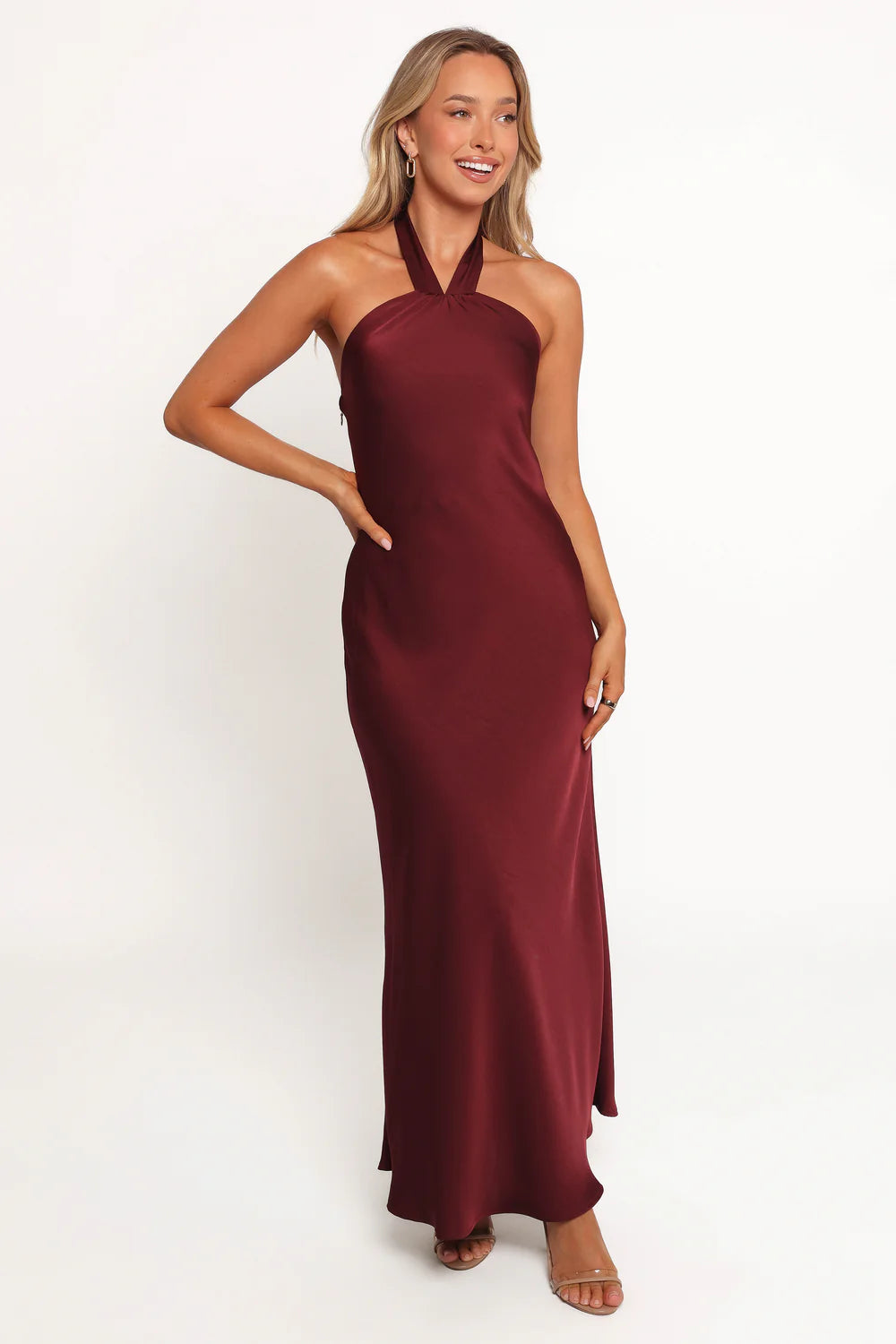 Burgundy Halter-Neck Bow-Back Open-Back Satin Mermaid Evening Dress