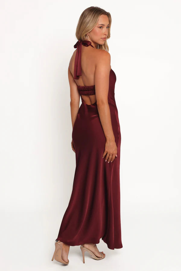 Burgundy Halter-Neck Bow-Back Open-Back Satin Mermaid Evening Dress