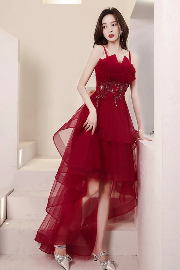 Burgundy Lace High-Low Prom Dress, Lovely Homecoming Party Dress