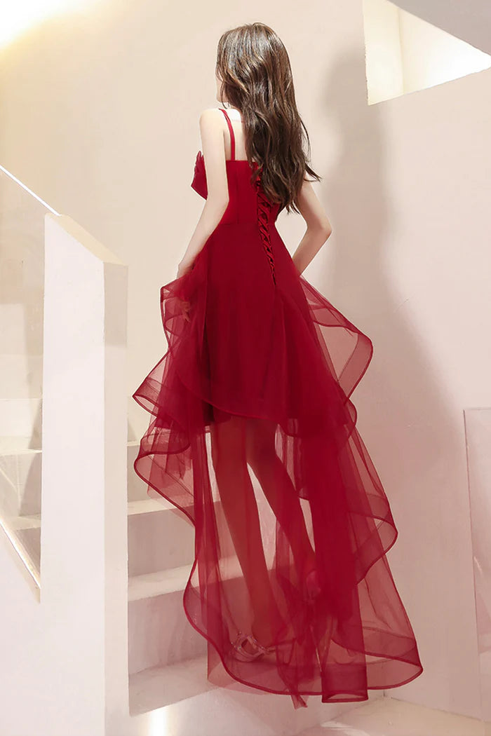 Burgundy Lace High-Low Prom Dress, Lovely Homecoming Party Dress