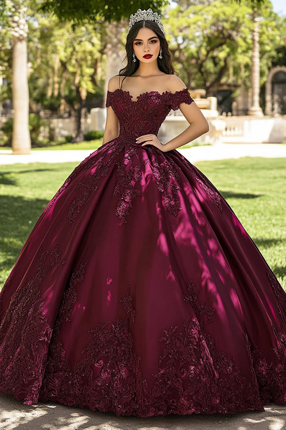 Burgundy Off the Shoulder Long Ball Gown Quinceanera Dress with Lace