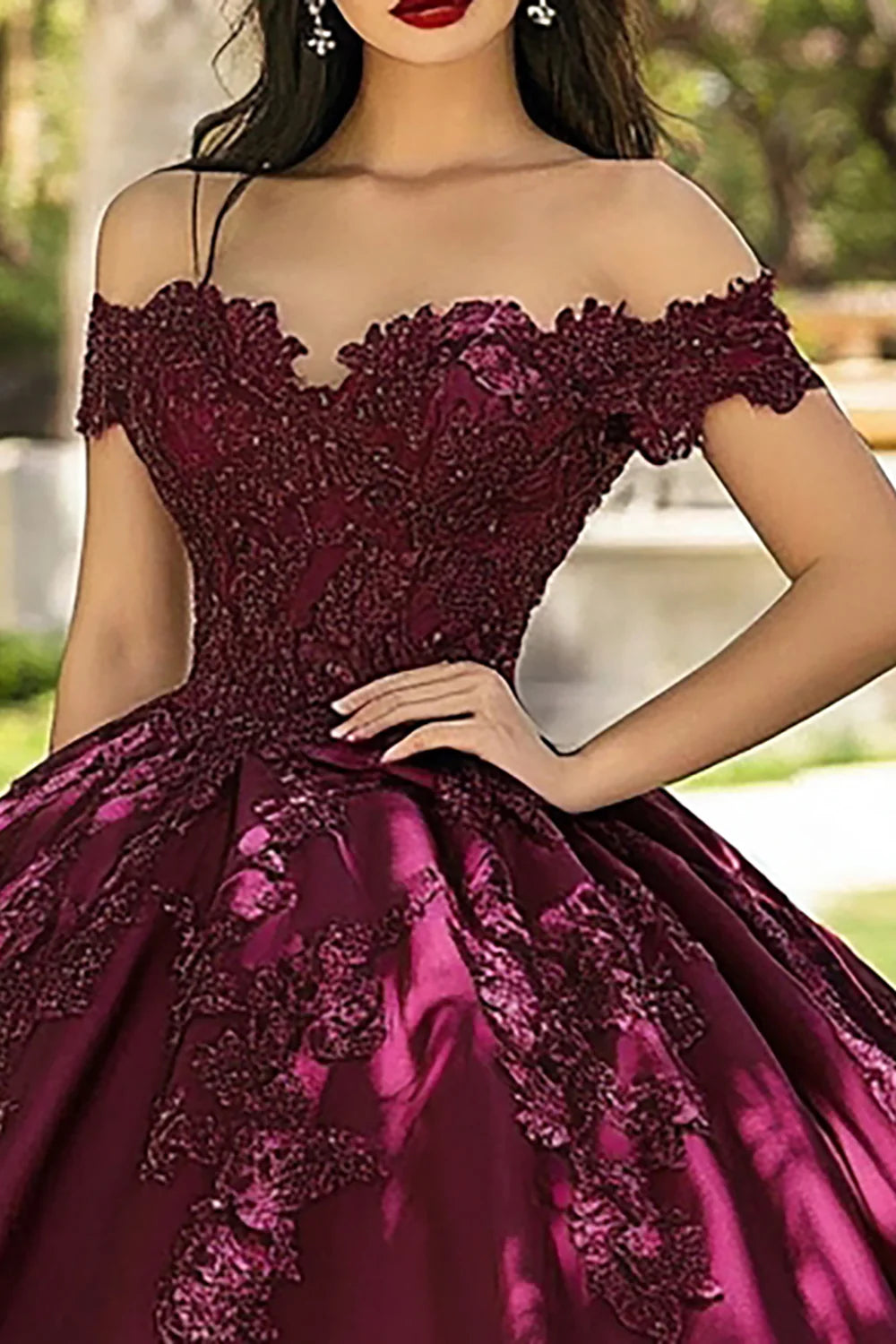 Burgundy Off the Shoulder Long Ball Gown Quinceanera Dress with Lace