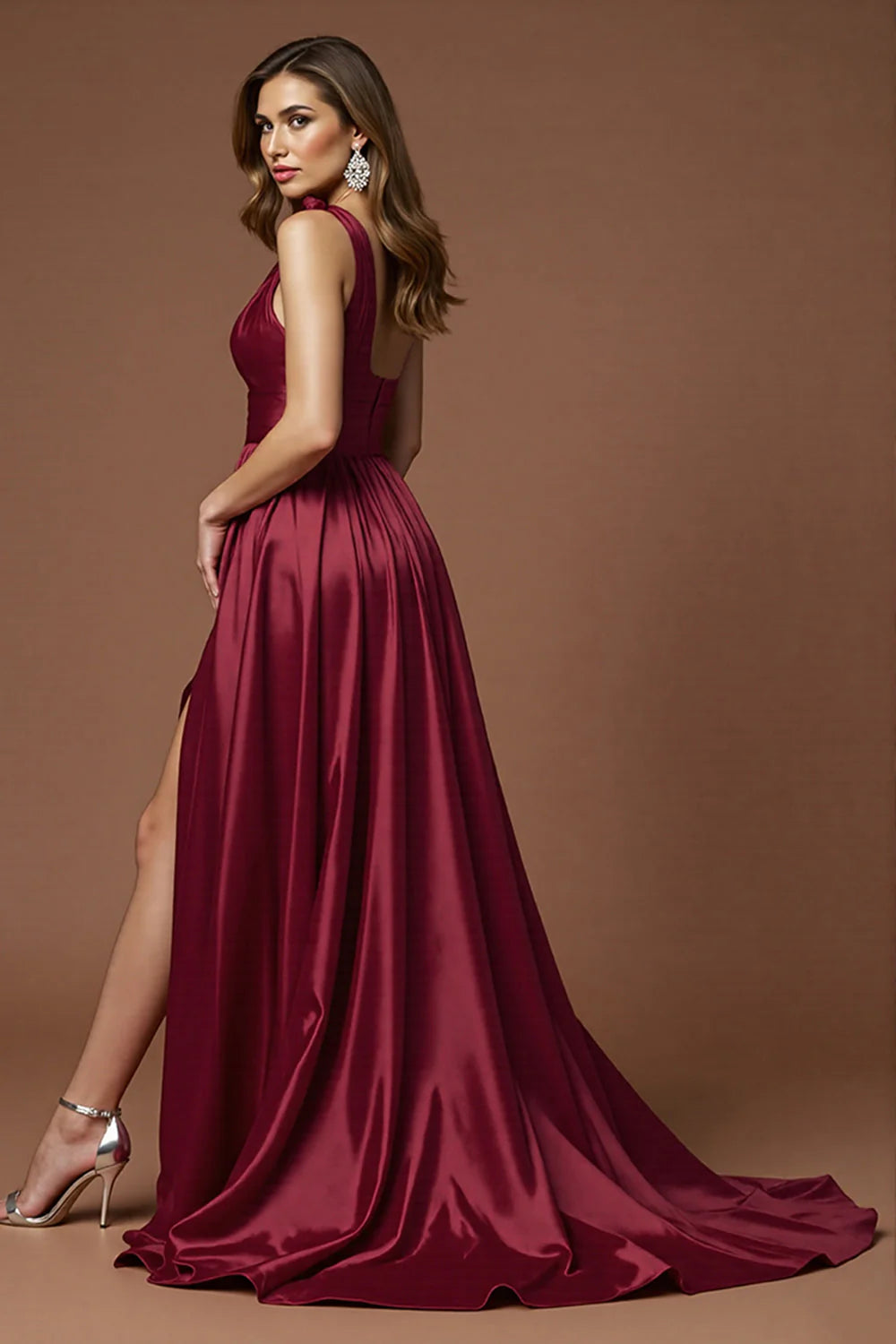 Burgundy Satin A Line One Shoulder Long Prom Dress with Slit