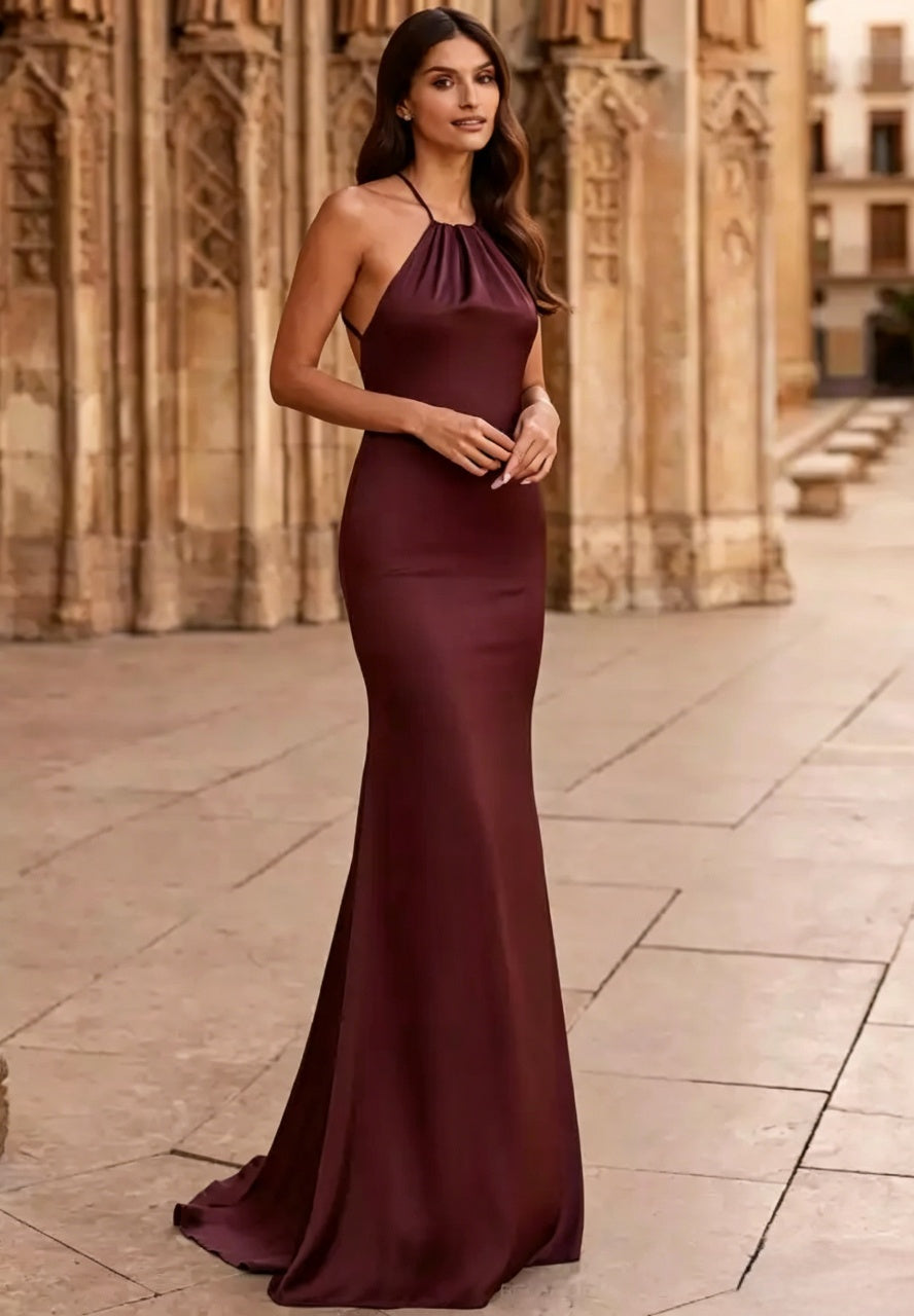 Satin Halter Neck Open Back Ruched Mermaid Floor Length Evening Dresses