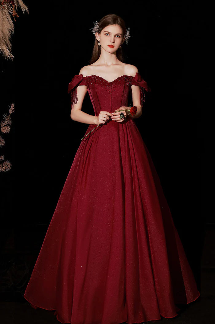 Burgundy Satin Long A-Line Prom Dress, Cute Off the Shoulder Graduation Dress
