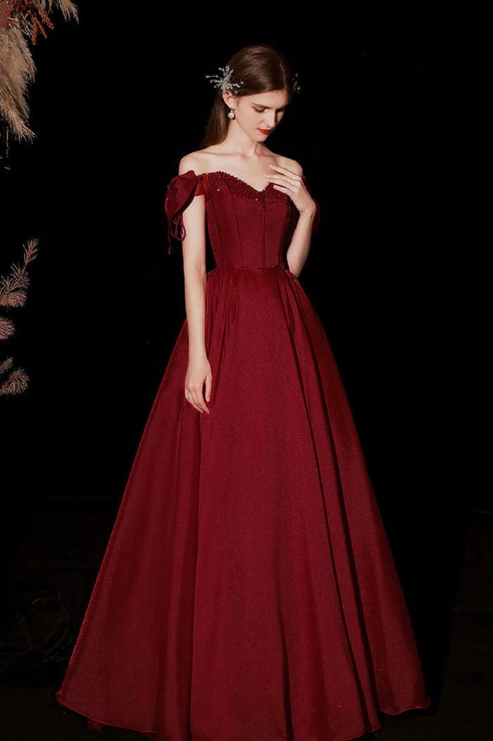 Burgundy Satin Long A-Line Prom Dress, Cute Off the Shoulder Graduation Dress