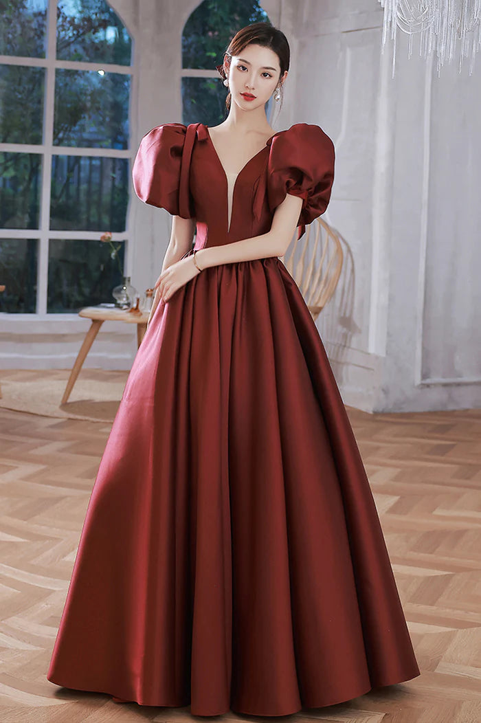 Burgundy Satin Long A-Line Prom Dress, V-Neck Short Sleeve Evening Dress