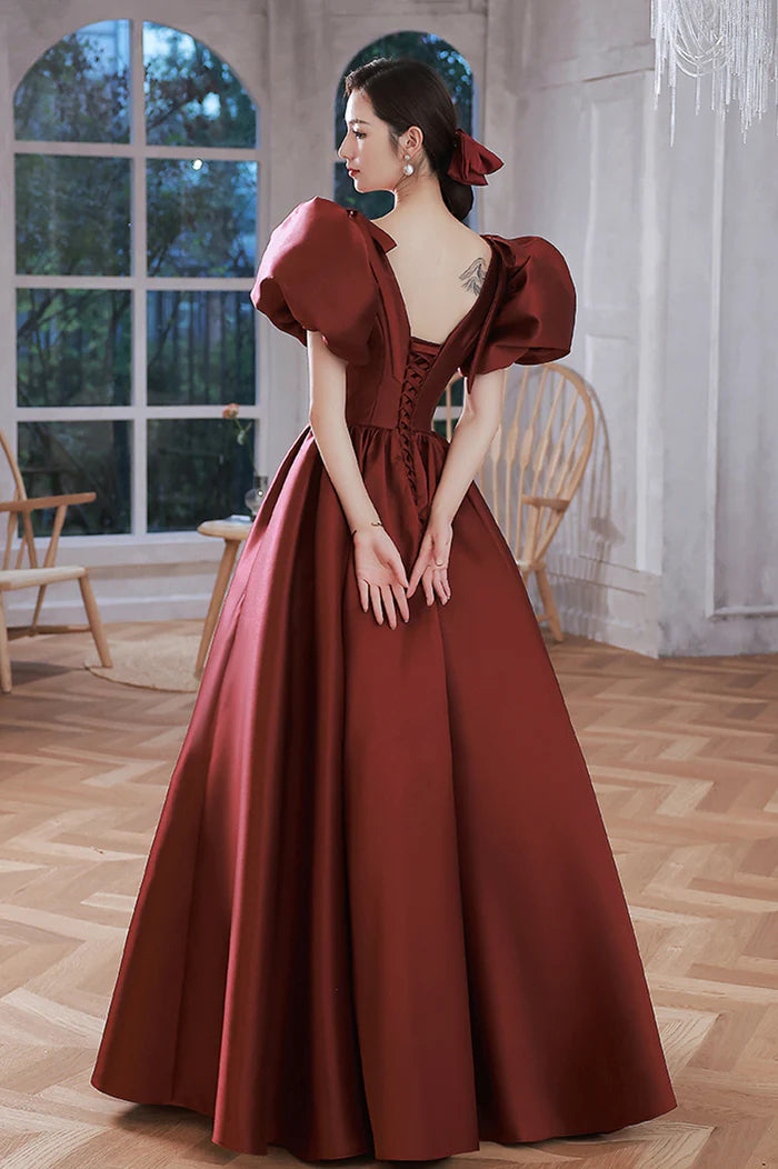 Burgundy Satin Long A-Line Prom Dress, V-Neck Short Sleeve Evening Dress