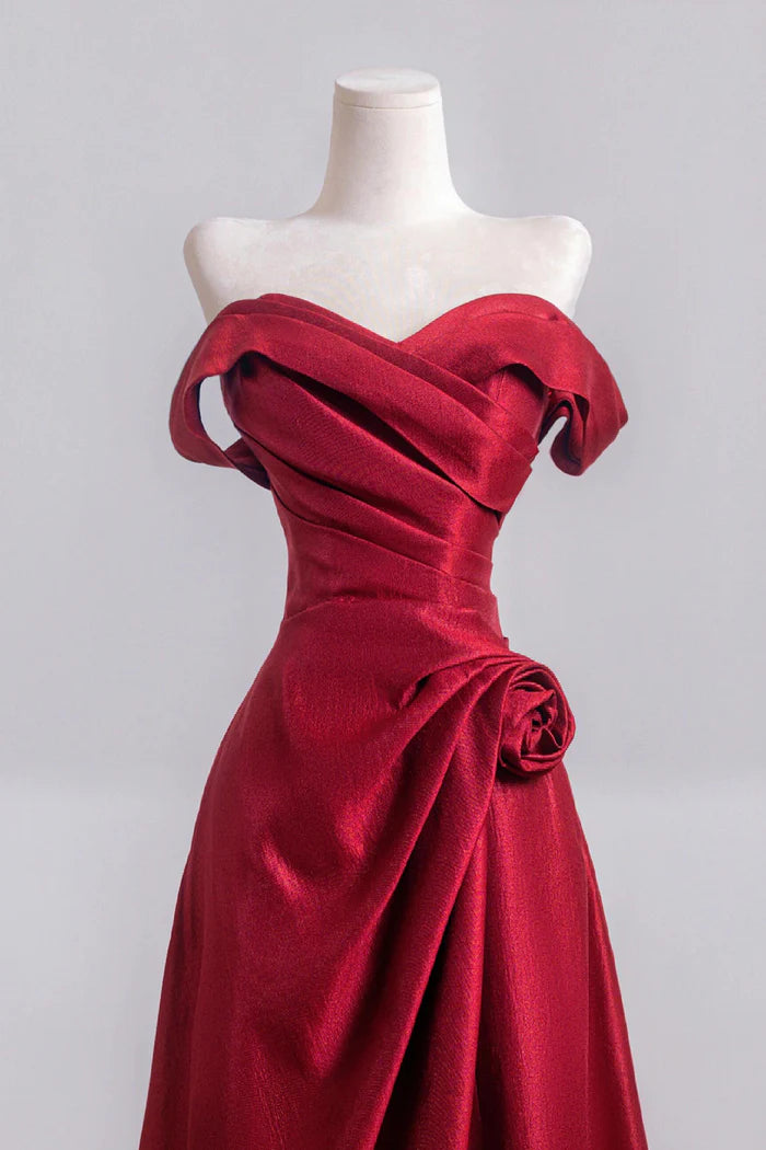 Burgundy Satin Long Prom Dress, Off the Shoulder A-Line Party Dress