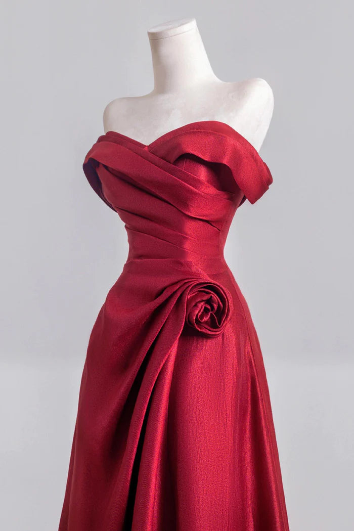 Burgundy Satin Long Prom Dress, Off the Shoulder A-Line Party Dress