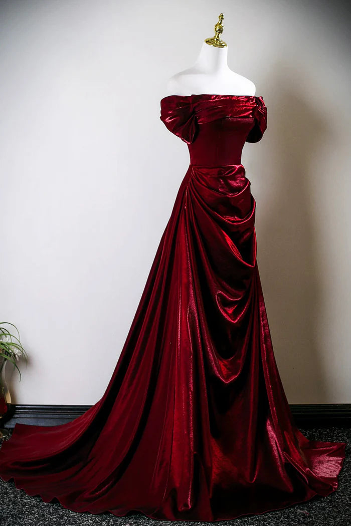 Burgundy Satin Long Prom Dress, Off the Shoulder Evening Party Dress