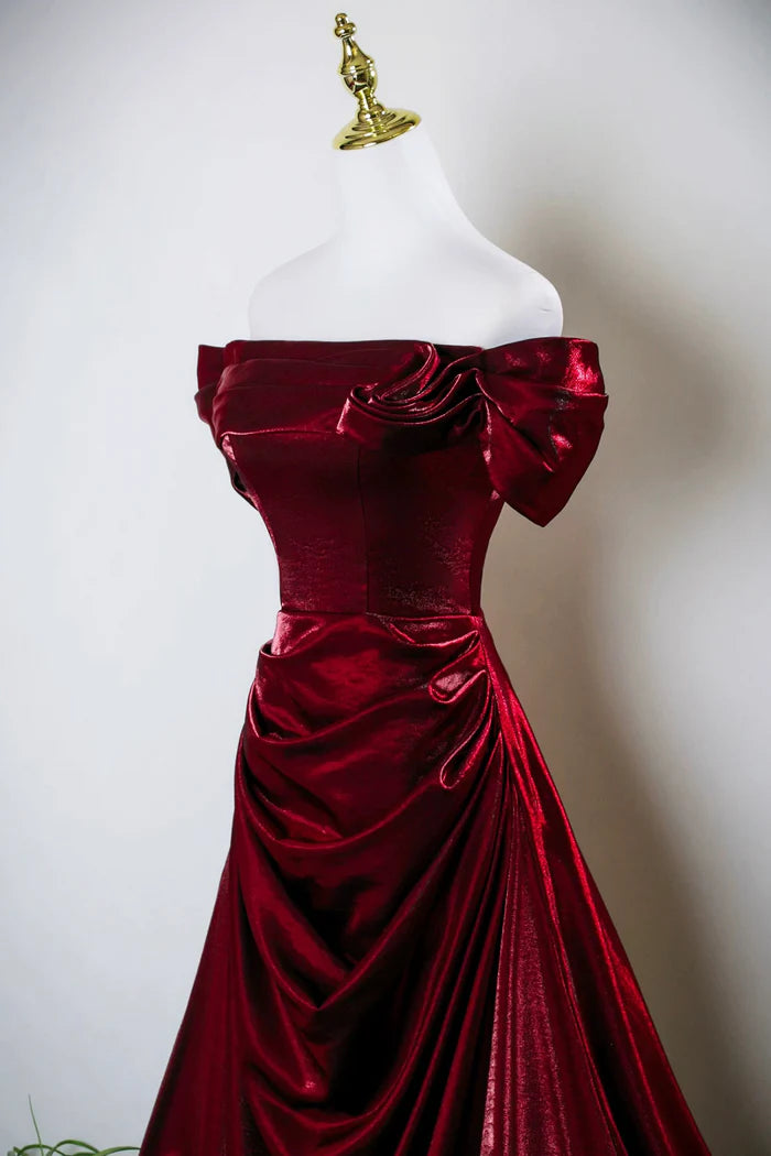 Burgundy Satin Long Prom Dress, Off the Shoulder Evening Party Dress