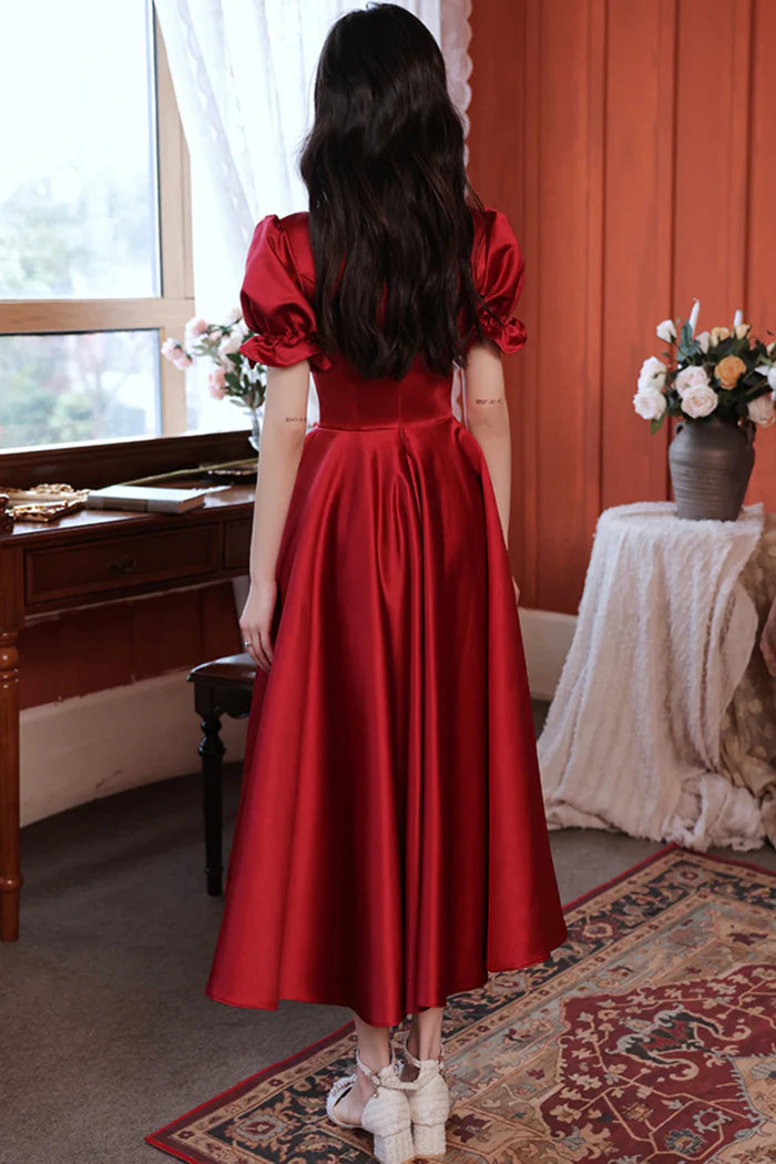 Burgundy Satin Short Prom Dress, Cute A-Line Evening Party Dress