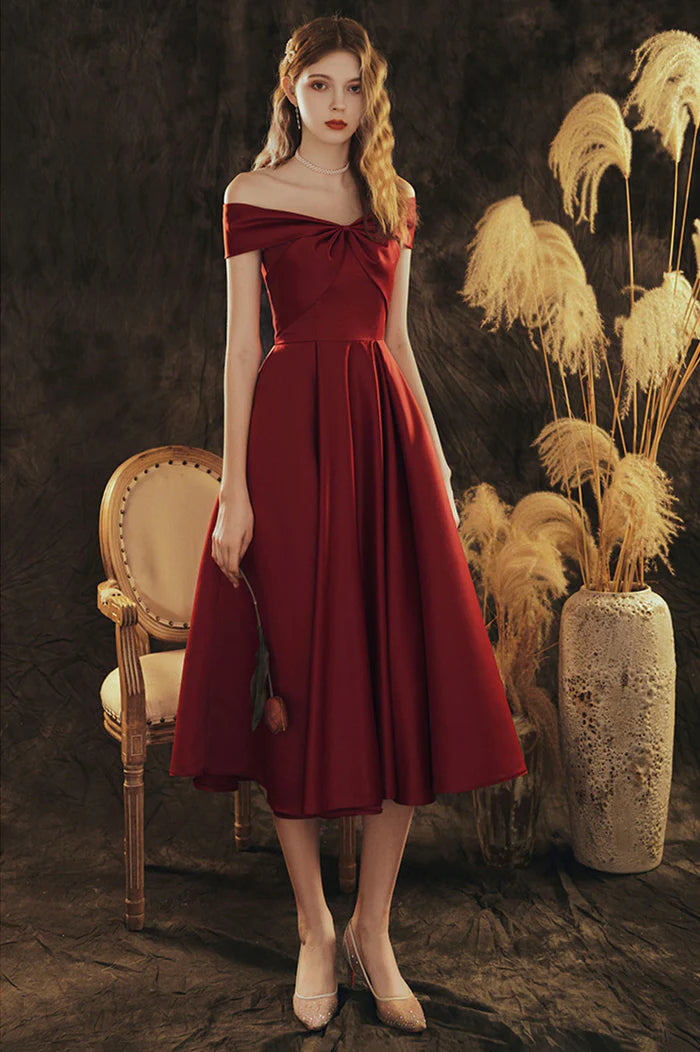 Burgundy Satin Short Prom Dress, Cute Off the Shoulder Evening Dress